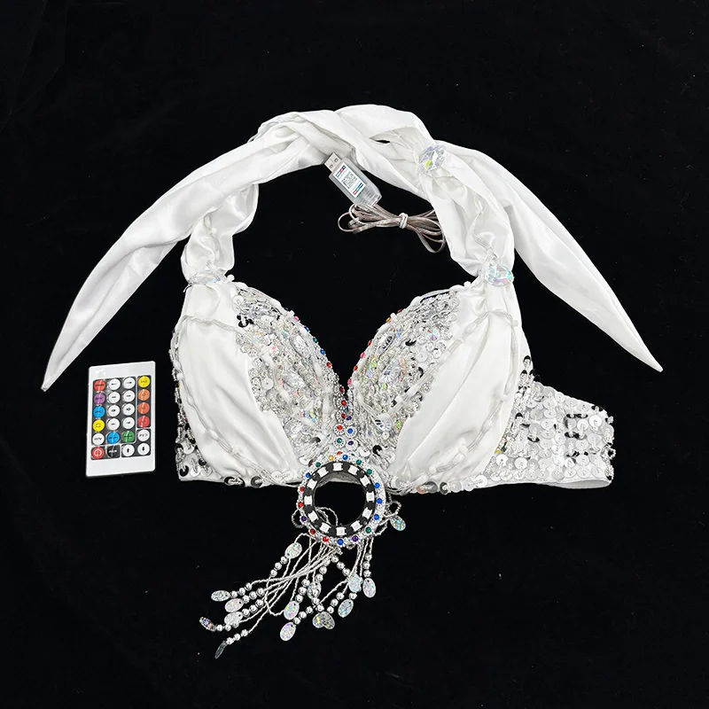 Costume de danse du ventre coloré, soutien-gorge lumineux, chargeur USB, LED, pour femmes, vêtements de danse Sexy, Costume de Performance