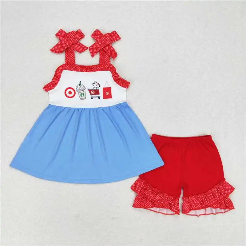 Cute Fashion Embroidered Puppy Target Red Lace Blue Vest Onesie Romper Set Baby Girls Boys Wholesale Match Clothes RTS