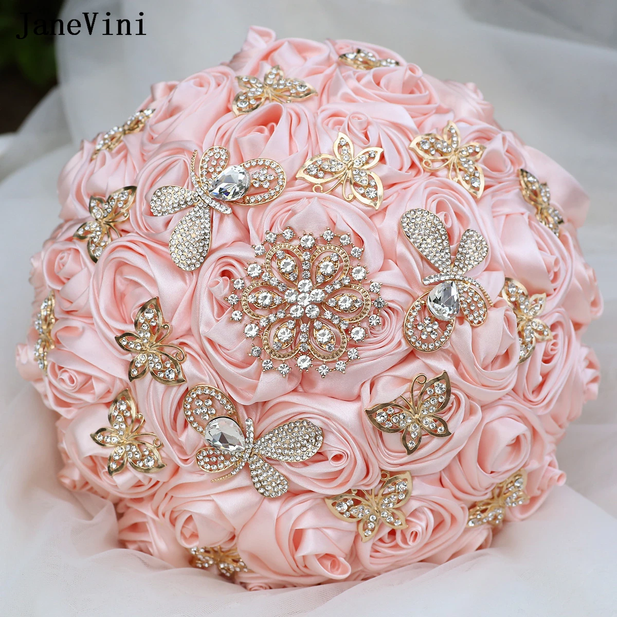 JaneVini Sparkly Rhinestones Jewelry Bridal Brooch Bouquets Artificial Satin Roses Bride Fake Flower Bouquet Wedding Accessories