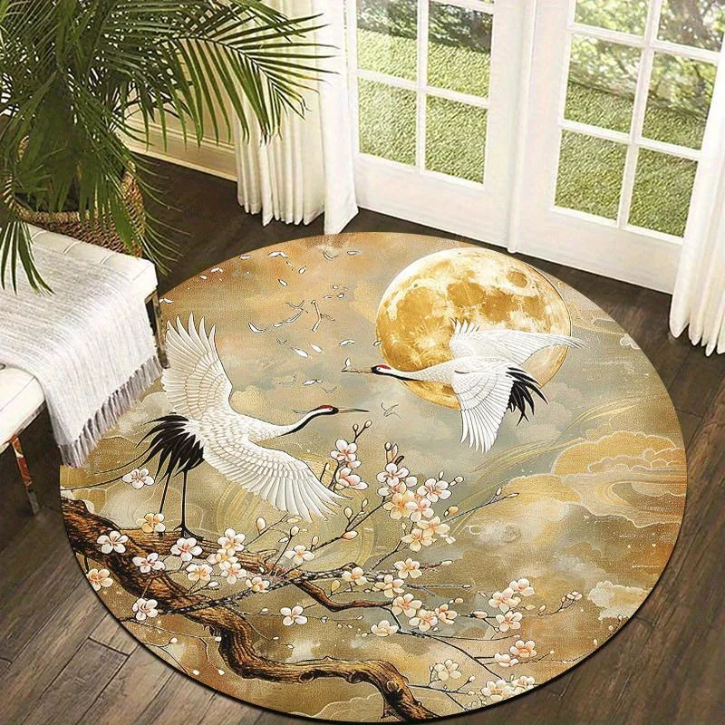 1pc Elegant Heron‑Floral Round Area Rug, Indoor & Outdoor Comfortable Floor Mat for Kitchen, Home, Office, Laundry Room
