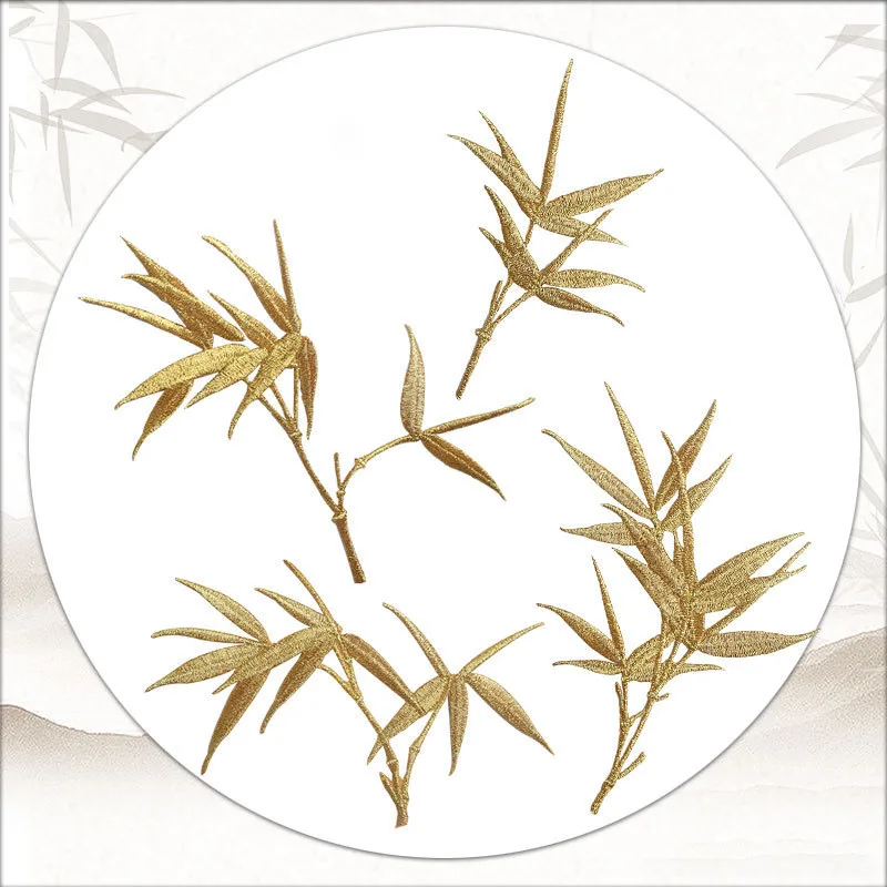 Embroidered Bamboo Leaf Iron-on Patches, Ethnic Style, DIY for Fan, Jewelry Box, Bag, Skirt, Decorative Back Glue