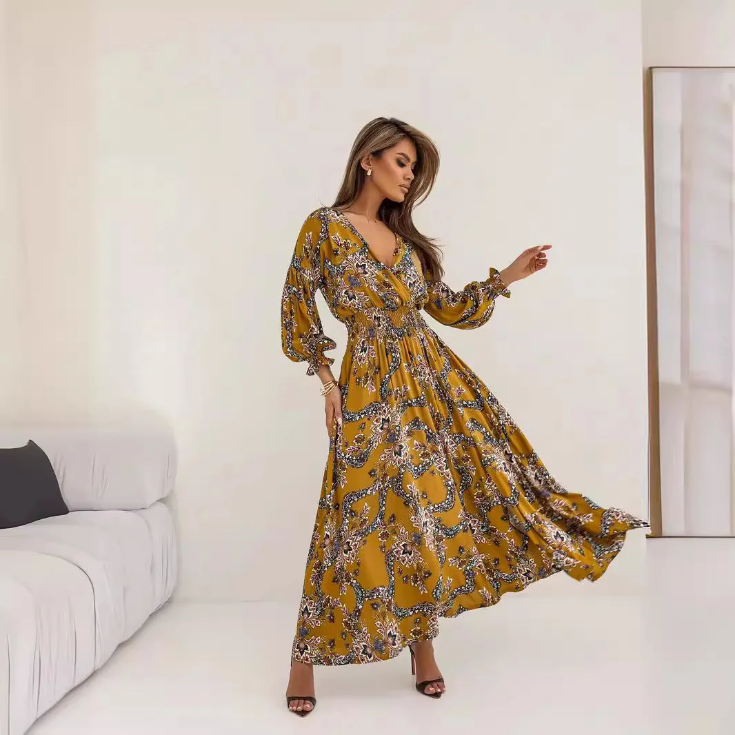 

Women New Autumn/Winter Fashionable Pleated Long Dress Casual V-neck Long Sleeve Dresses For Women Boho A-line Dresses