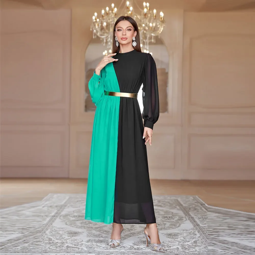 

dubai Women dress Eid Muslim Abaya O Neck Patchwork Abayas Belt Long Robe Spliced Arab Vestidos Goreous morocco Party Dresses