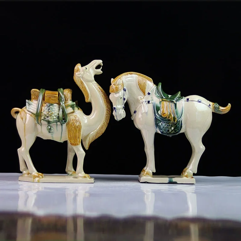Chinese Tang Tri-Color Glazed Ceramics War Horse Porcelain Statue 8.27 inch Home Ornaments
