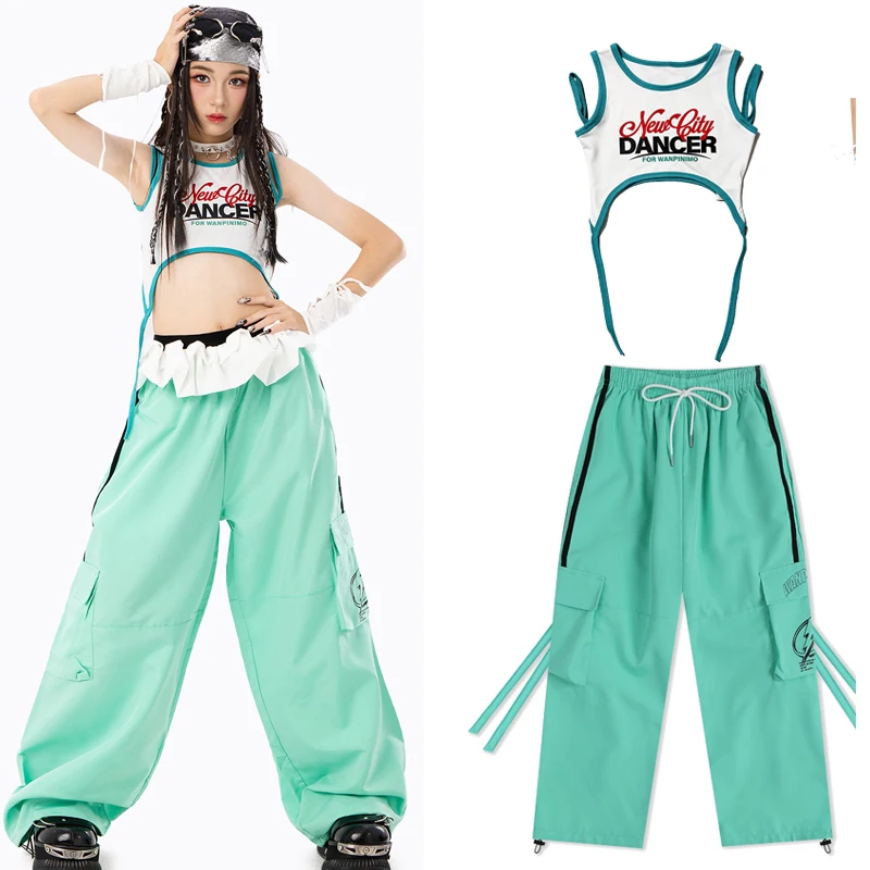 Children Modern Hip Hop Dance Costumes For Girls Crop Tops Blue Pants Kpop Outfits Summer Jazz Dance Drum Rave Clothes XH5109