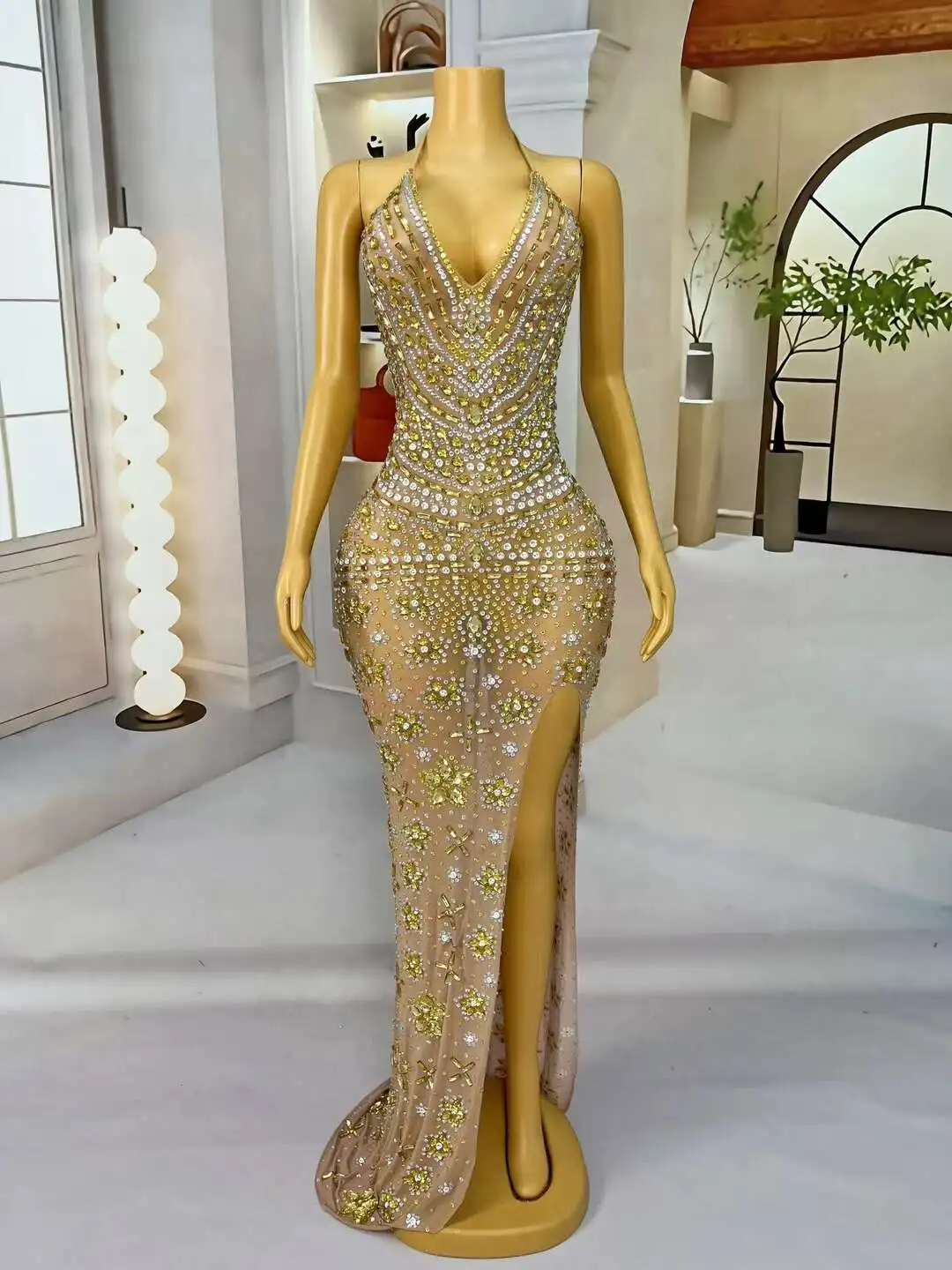 High Quality Sexy Mesh Diamond High Fork Long Dress Fashion Women Rhinestone Birthday Party Prom Wedding Guest Dress Stage Wear