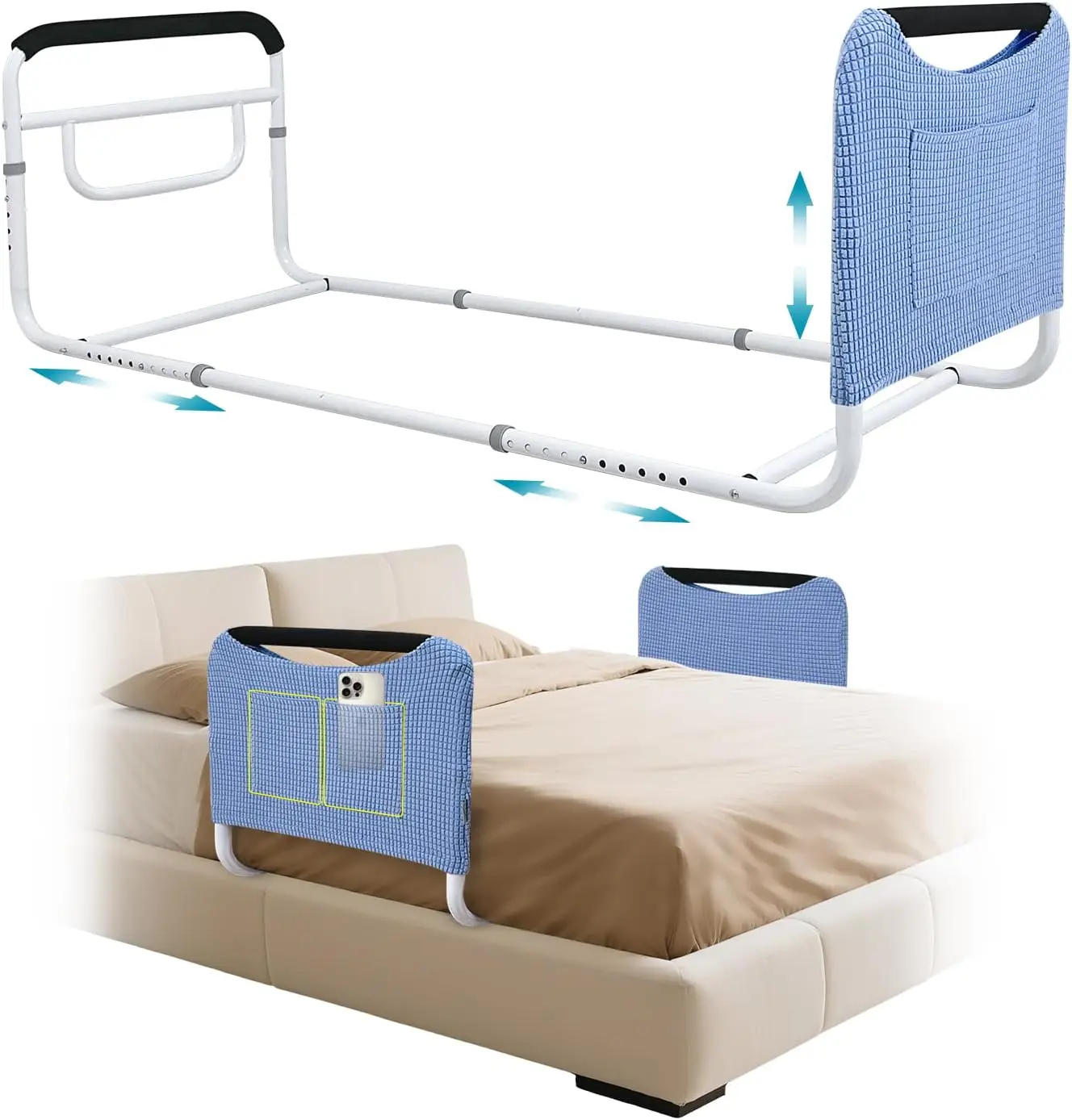 

Double Bed Rail, U-Shape Safety Assist Rail for Elderly, Adjustable Bedside Support for Twin Full Queen, Heavy Duty Under Mattress Rail