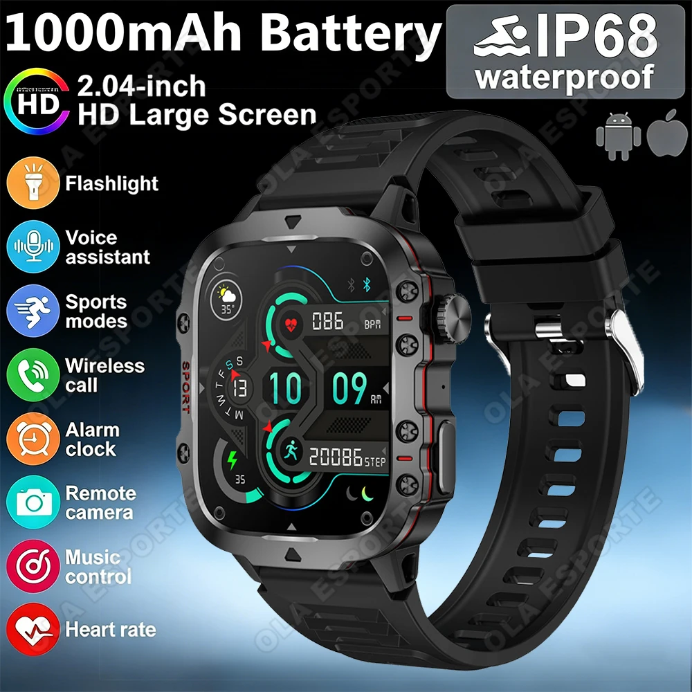 

Новые военные умные часы 2026 года для активного отдыха, сенсорный экран 1,96 дюйма, водонепроницаемость IP68, Bluetooth-звонки, измерение пульса, аккумулятор 420 мАч
