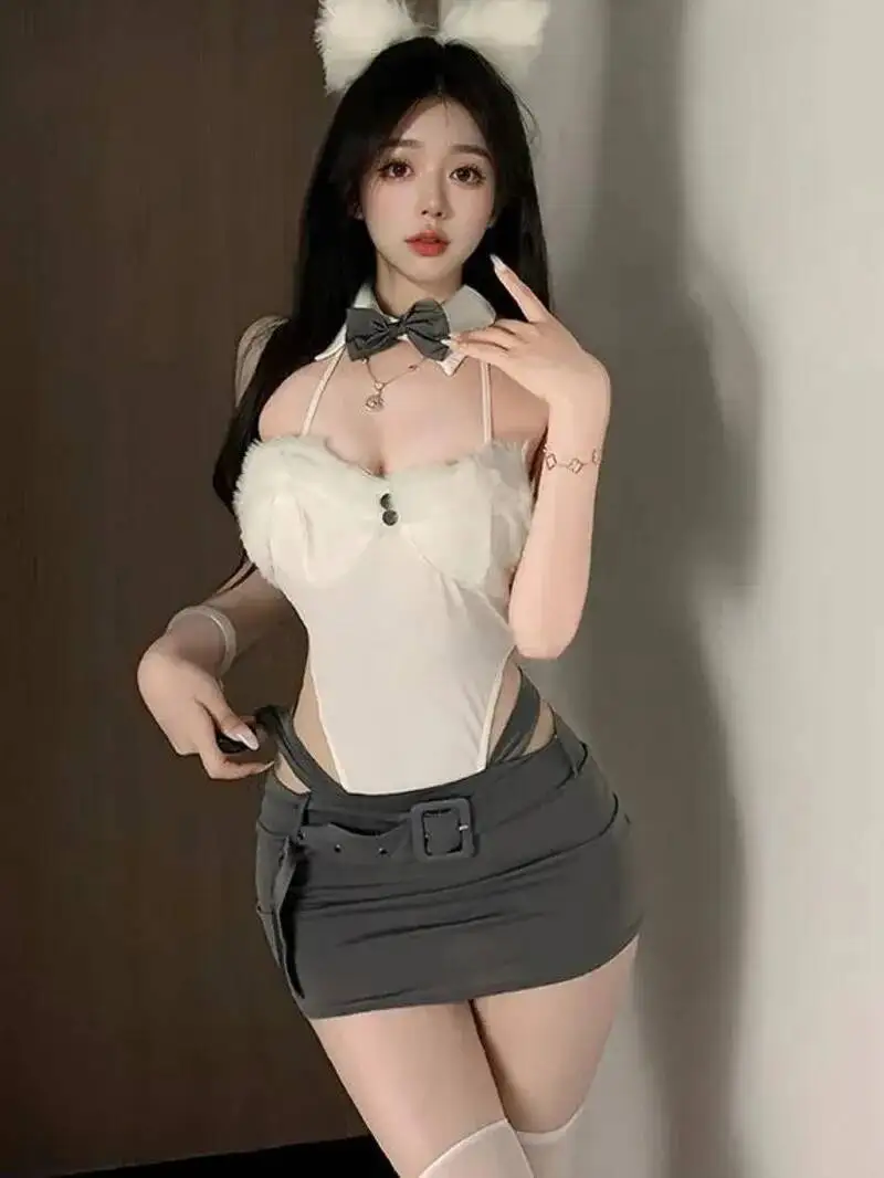 

Sexy Bodysuit Uniform Skirt Sets Flirting Sexy Nightclub Wear For Women Bowknot Backless Deep V Sleeveless Skirt Sets Charm Y2YW