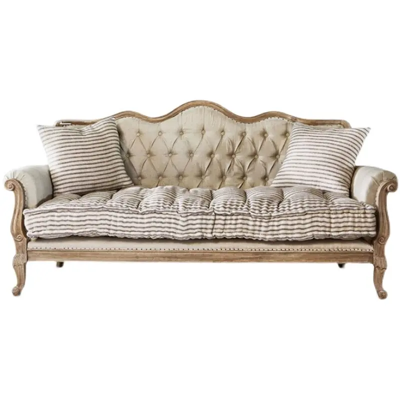LMM American country retro solid wood three-person sofa oak carving old log furniture