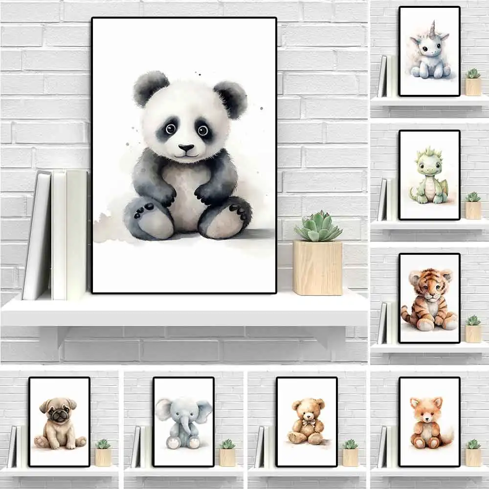 

Cartoon Animal Panda Watercolor Canvas Painting Cute Plush Elephant Poster And Print Nursery Wall Art Kids Room Home Decoration