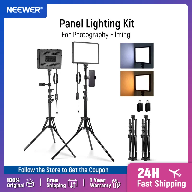 

NEEWER BASICS 2 Pack LED Video Light Panel Lighting Kit with 2 59'' Stands & 2 Phone Holders for Photography Filming Recording