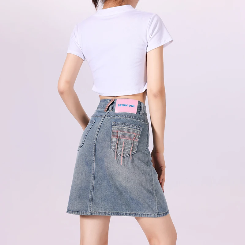 

Womens Skirts Fringe Embroidery Youthful Versatile Slimming High Waist A Line Fitted Denim Mini Classic Trendy Chic Summer