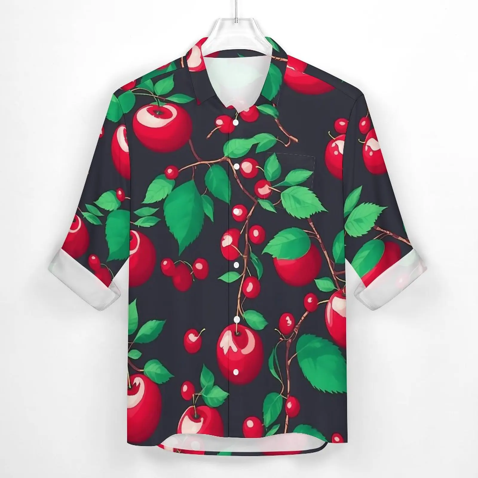 Cute Cherries Print Casual Shirts Man Green Leaves Shirt Long Sleeve Cool Streetwear Blouses Autumn Design Tops Big Size 3XL 4XL