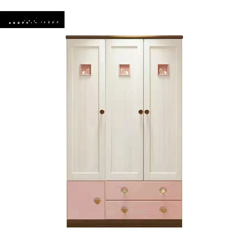 Children's Wardrobe Two-Door Three-Door Armoire with Drawers Pink and White Finish Modern Kids Bedroom Furniture