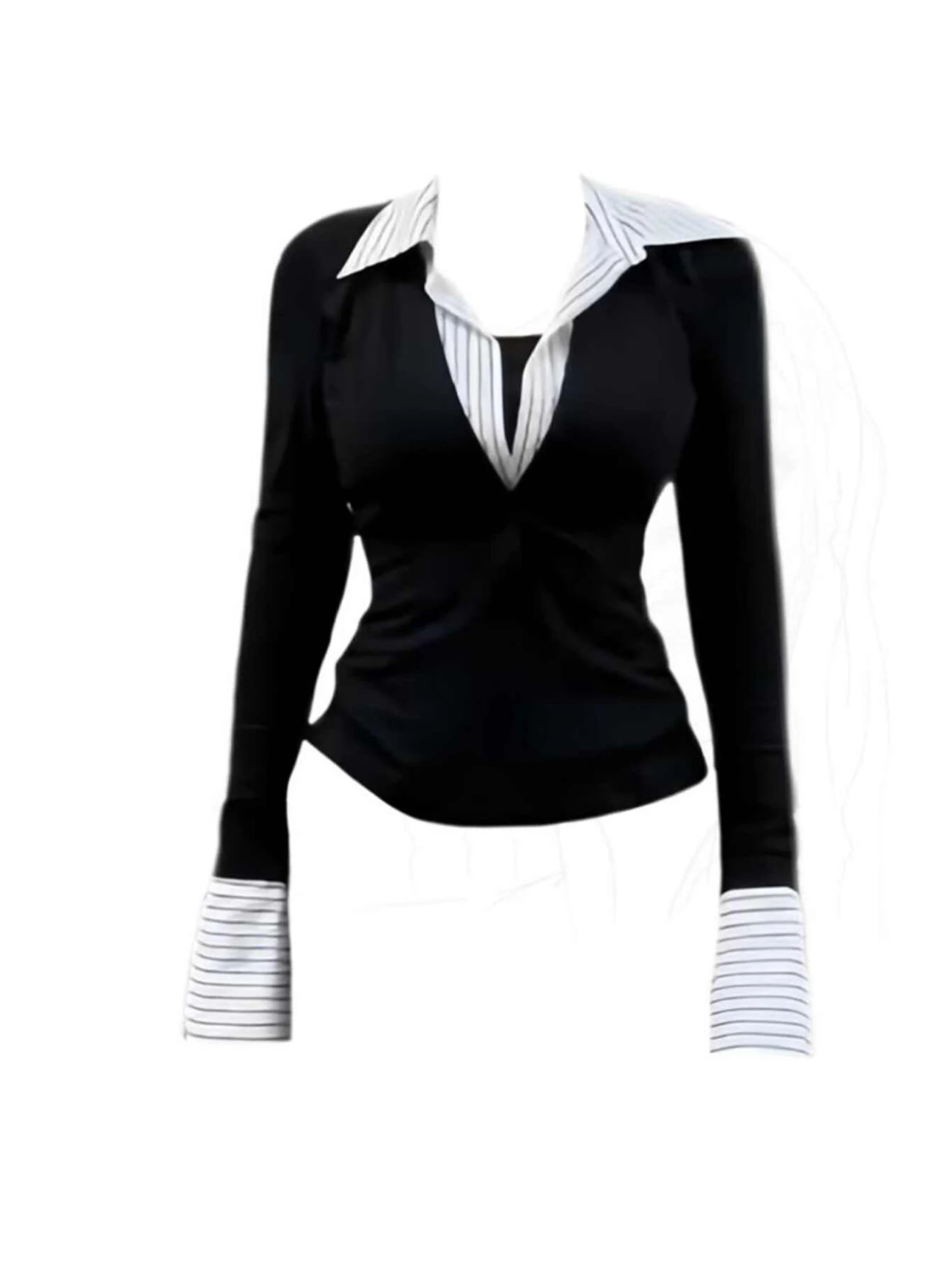 

Women Black Goth Patchwork Gyaru Polo-Neck T-shirt Harajuku Y2k Tees Top Vintage 2000s Emo Long Sleeve Oversize T-shirts Clothes