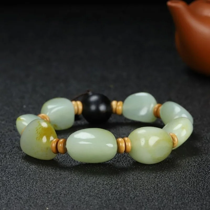 Hetian-pulsera de piedra rugosa, cuero de infusión rojo, Guijarro, Jade blanco