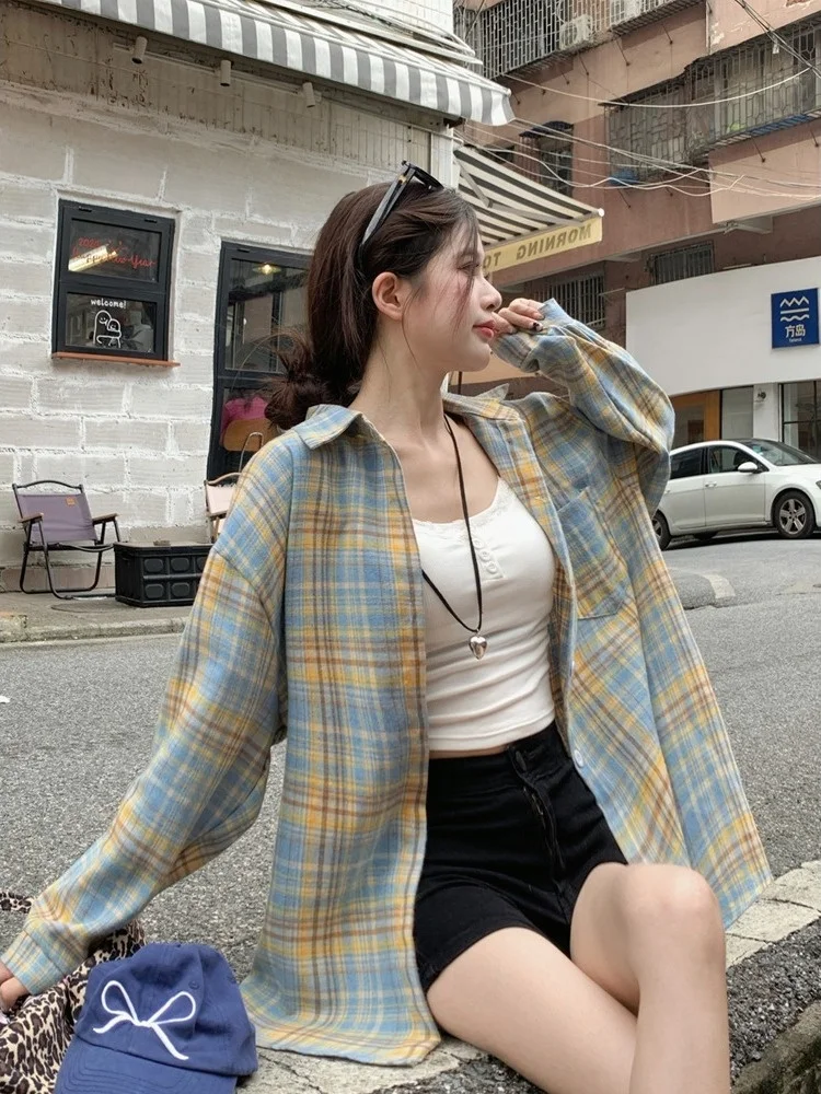 

plus Size Women's Lazy Sle Vintage Plaid Long Sve irt Autumn New Loose Faion Open Cardigan Top High Waist Commute Sle