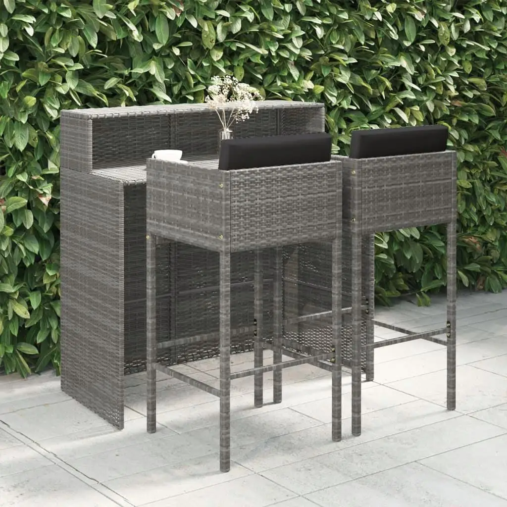 3-Piece Gray Poly Rattan Patio Bar Set with Cushions – Stylish Outdoor Furniture