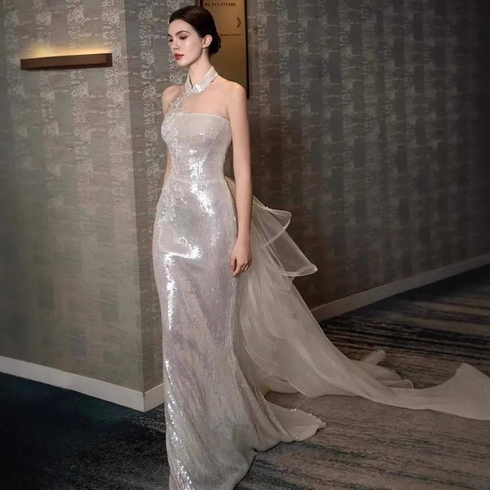 

Silver Evening Gown 2026 New Luxury Chinese Sle Sequin Waist Cinched Fi Tail Wedding Dr for Bridal Banquet Ceremony