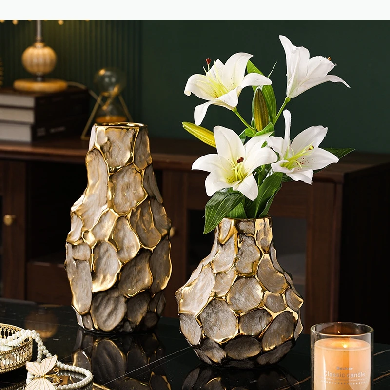 Gilded Wrinkles Ceramic Vase Irregular Plant Pots Table Decoration Flowers Arrangement Vases Room Aesthetic Decor