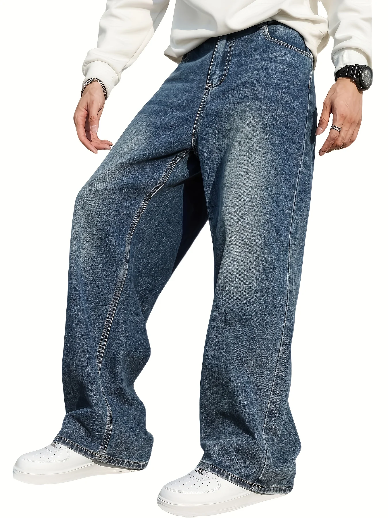Men'S Casual Loose Fit Vintage Denim Jeans Trendy Oversized Wide-Leg Pants with a Relaxed Look, Light Blue Washed Denim