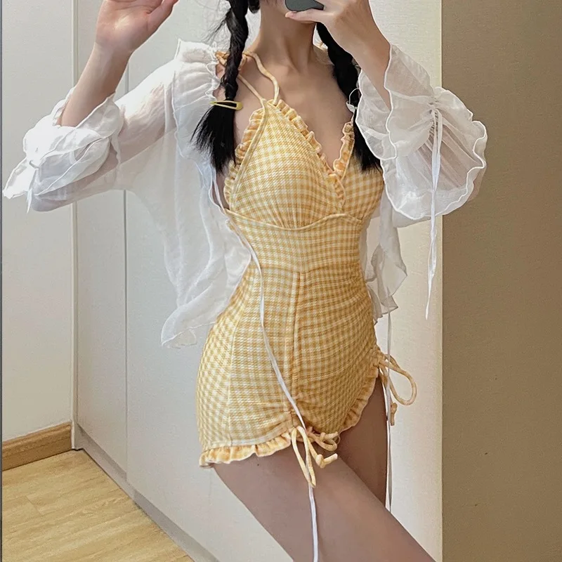 Korean Style Women Pink Checkered Plaid Swimwear 2 Piece Check Japanese Bathing Suit Ruffle Frill String Monokini Swimsuit