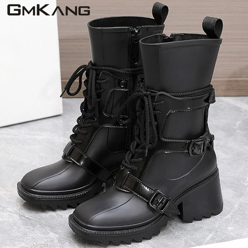 Square Heels Rainboots Women Rubber Waterproof Runway Shoes Female Fashion Chunky High Heels Short Boots Rain Shoes Woman