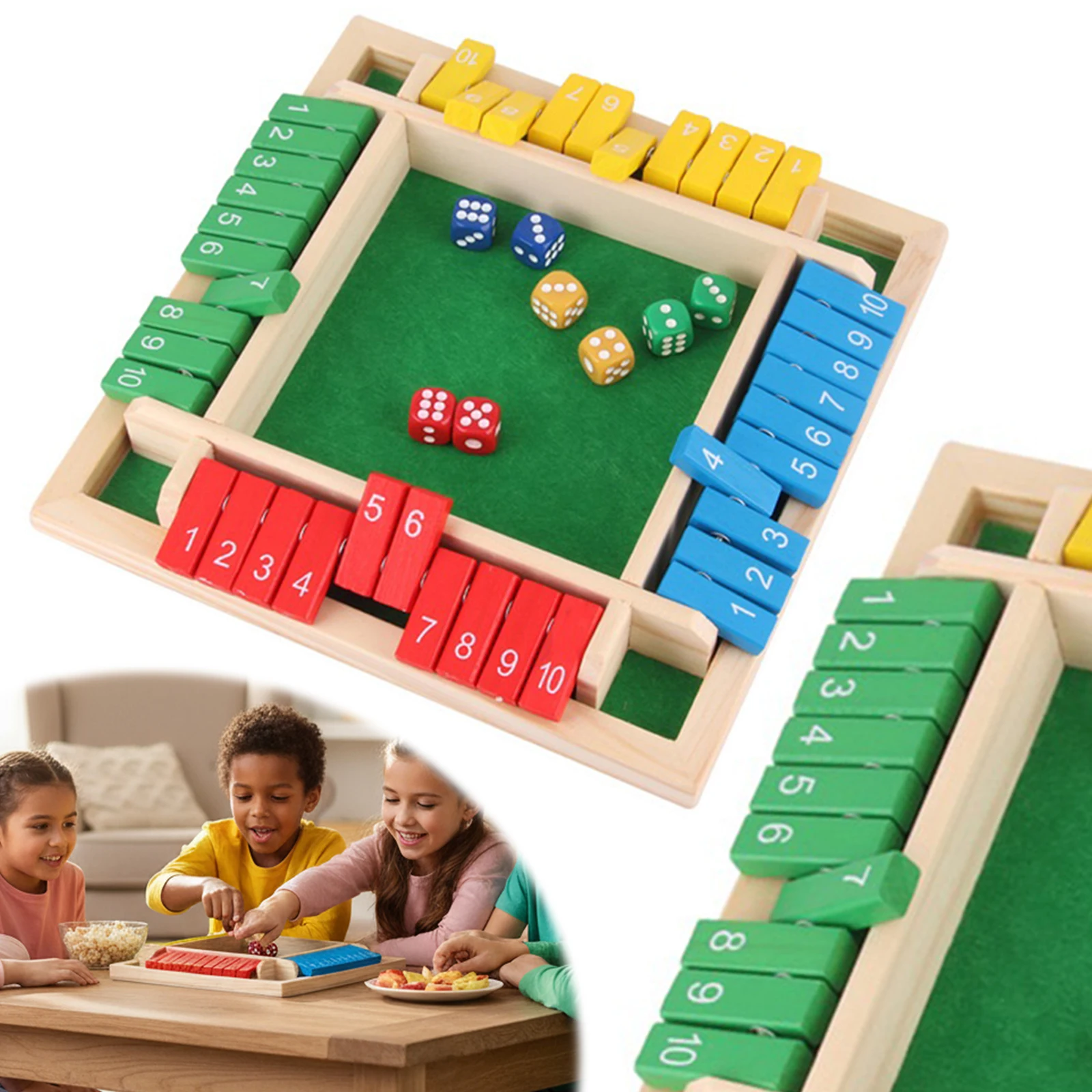 Juego de mesa Shut The Box con dados, juguete educativo de matemáticas tempranas, tamaño de viaje, juego de dados de 4 jugadores con solapas, juego inteligente para aprender a sumar
