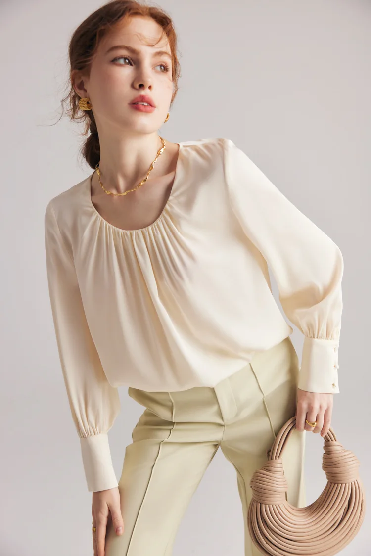 90% Silk 10% Spandex Women's Blouse O Neck Long Sleeves Ruched Elegant Fashion Quality Tops