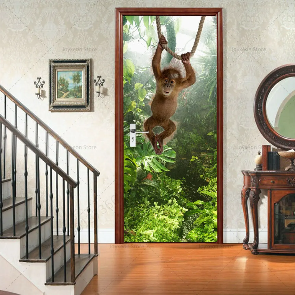 Green Forest Door Stickers Natural Atmosphere Poster Vinyl PVC Waterproof Self-adhesive Mural Natural Plant Door Stickers