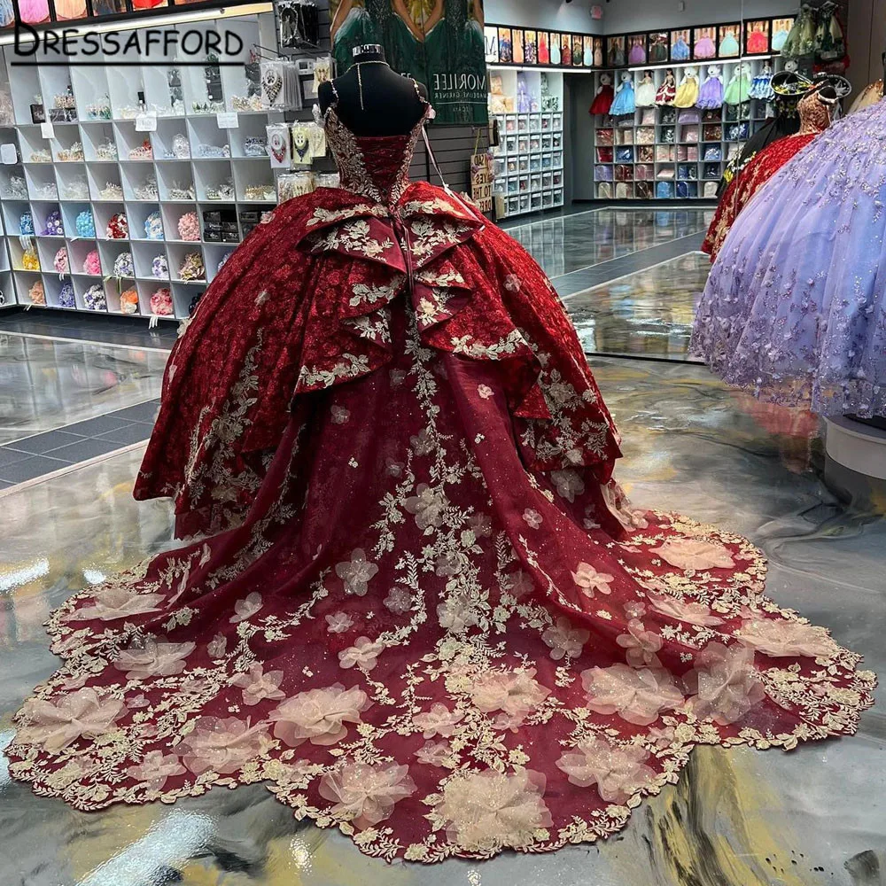 Quinceanera Borgonha vestido fora do ombro, vestido de baile com renda, vestido de flor, Tule Beading, Apliques, Trem Tribunal, 2023