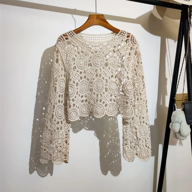 

Spring Summer Vintage Hook lower Hollow Knitted Shirt Long Sleeve Pullovers Blouse Round Neck Casual Women Tops