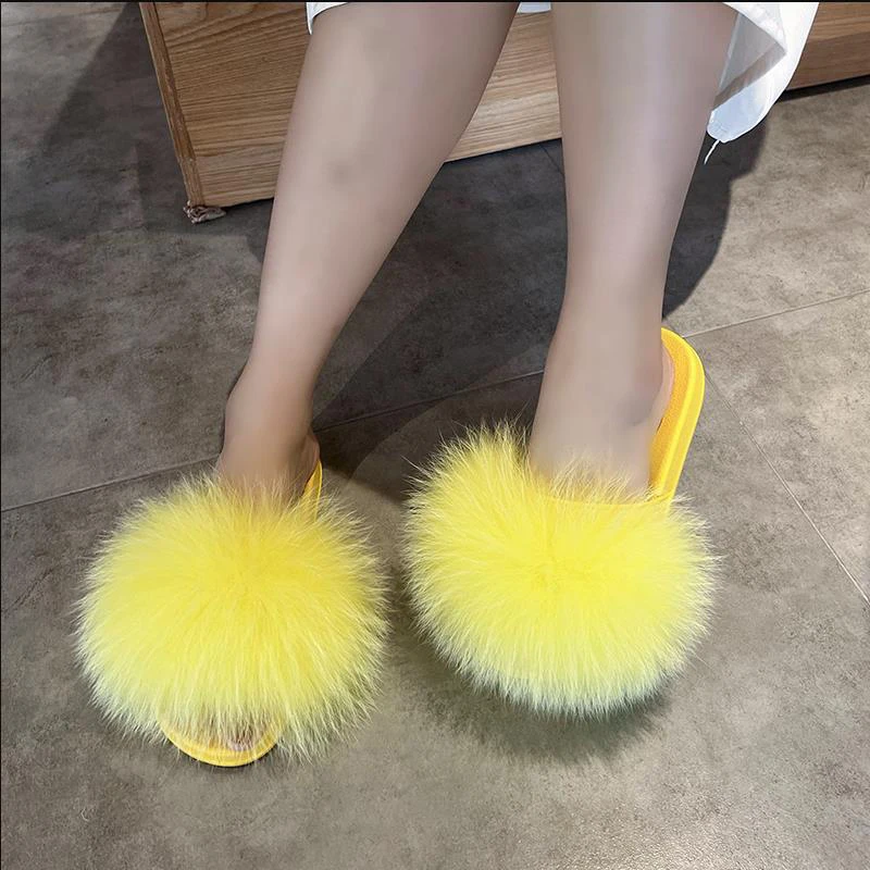 Real Fur Slippers Fluffy Flat Slides Fur Fluffy Sandals Girls Beach Home Plush Slides Furry Flip Flops Women Bedroom Warm Shoes