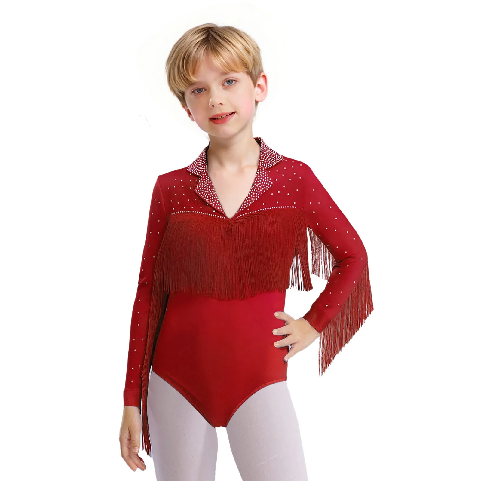 

Kids Boys Latin Dance Bodysuit Modern Ballroom Dancewear Long Sleeve Shiny Rhinestone Tassel Leotard for Performance Competition