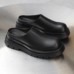 Summer New Street Style Mules For Men's Solid Black Leather Hombre Daily Dress Height Increasing Shoes Slip-On Casual Trend