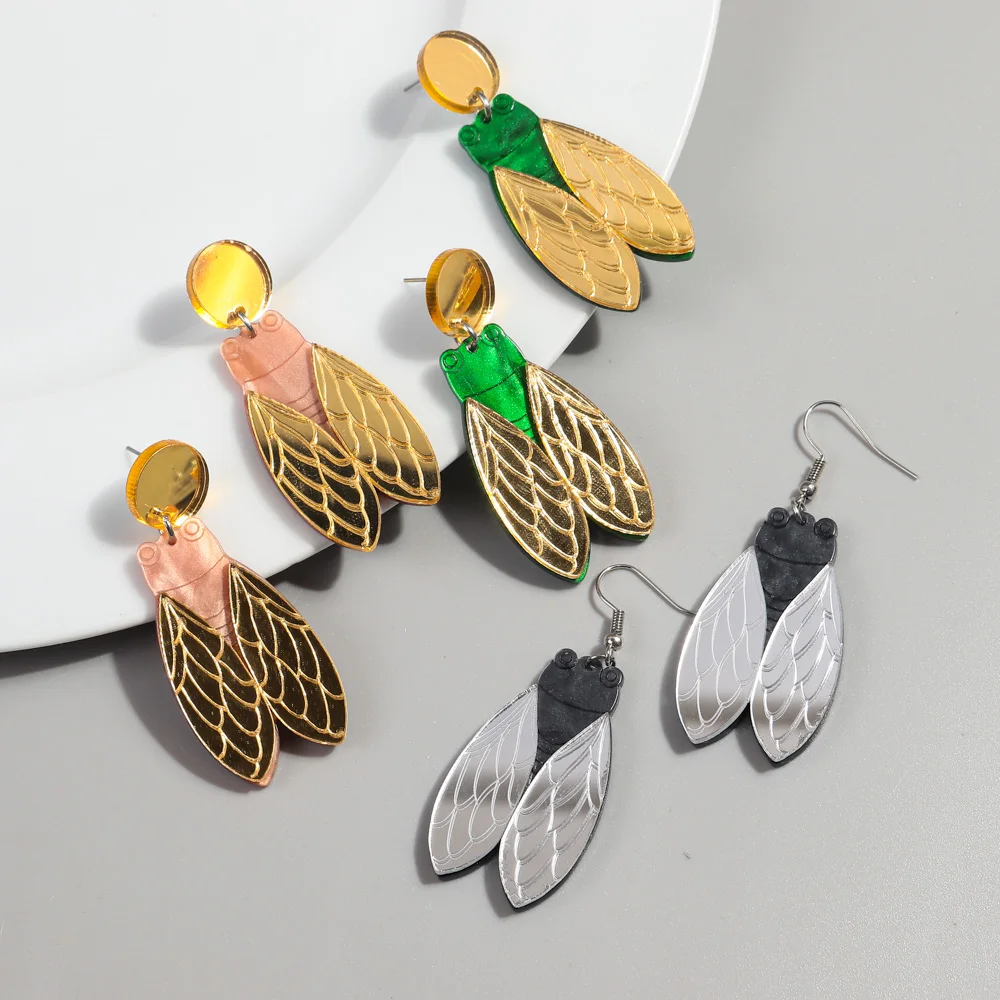 New Mirrored Cicada Acrylic Drop Earrings for Women Funny Gold Color Cartoon Insect Wings Dangle Earrings Creative Jewelry Gifts
