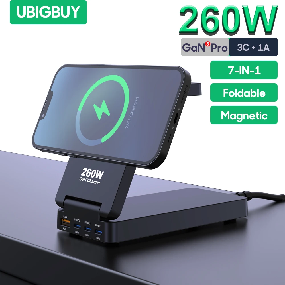 

Ubigbuy 260W GaN Charger Station PD100W PPS 65W USB Type C Foldable Magnetic Wireless Fast Charger for MacBook iPhone 16 Samsung