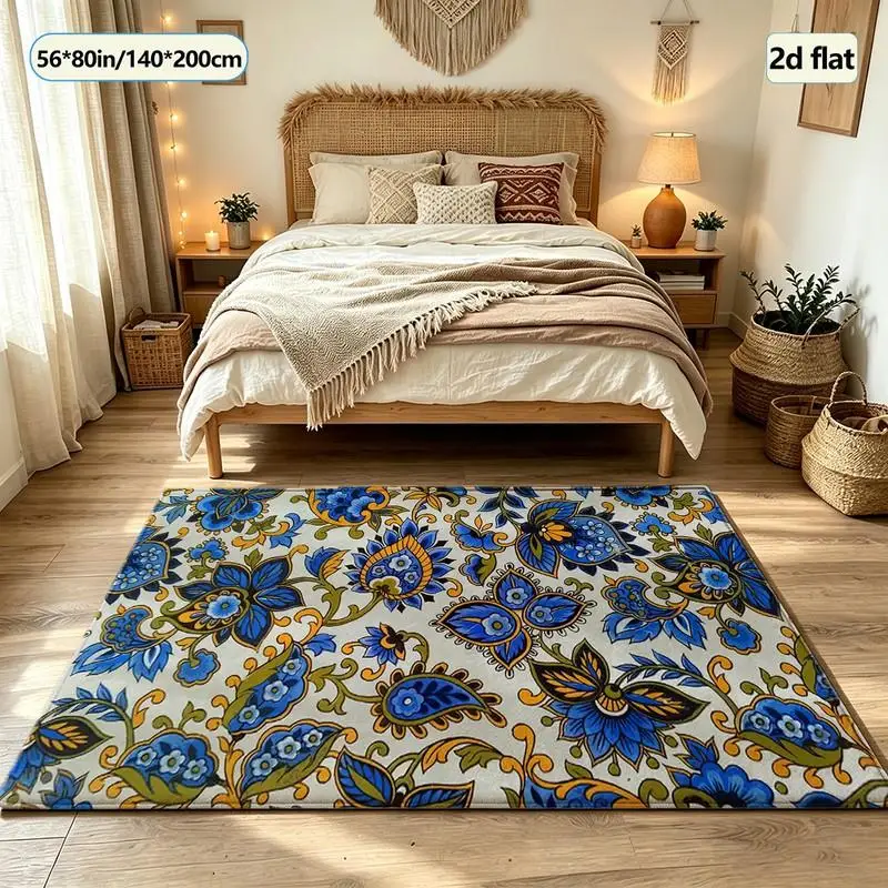 Exotic Blue and Yellow Paisley Floral Pattern Carpet Floor Mat for Home Living Room Decoration