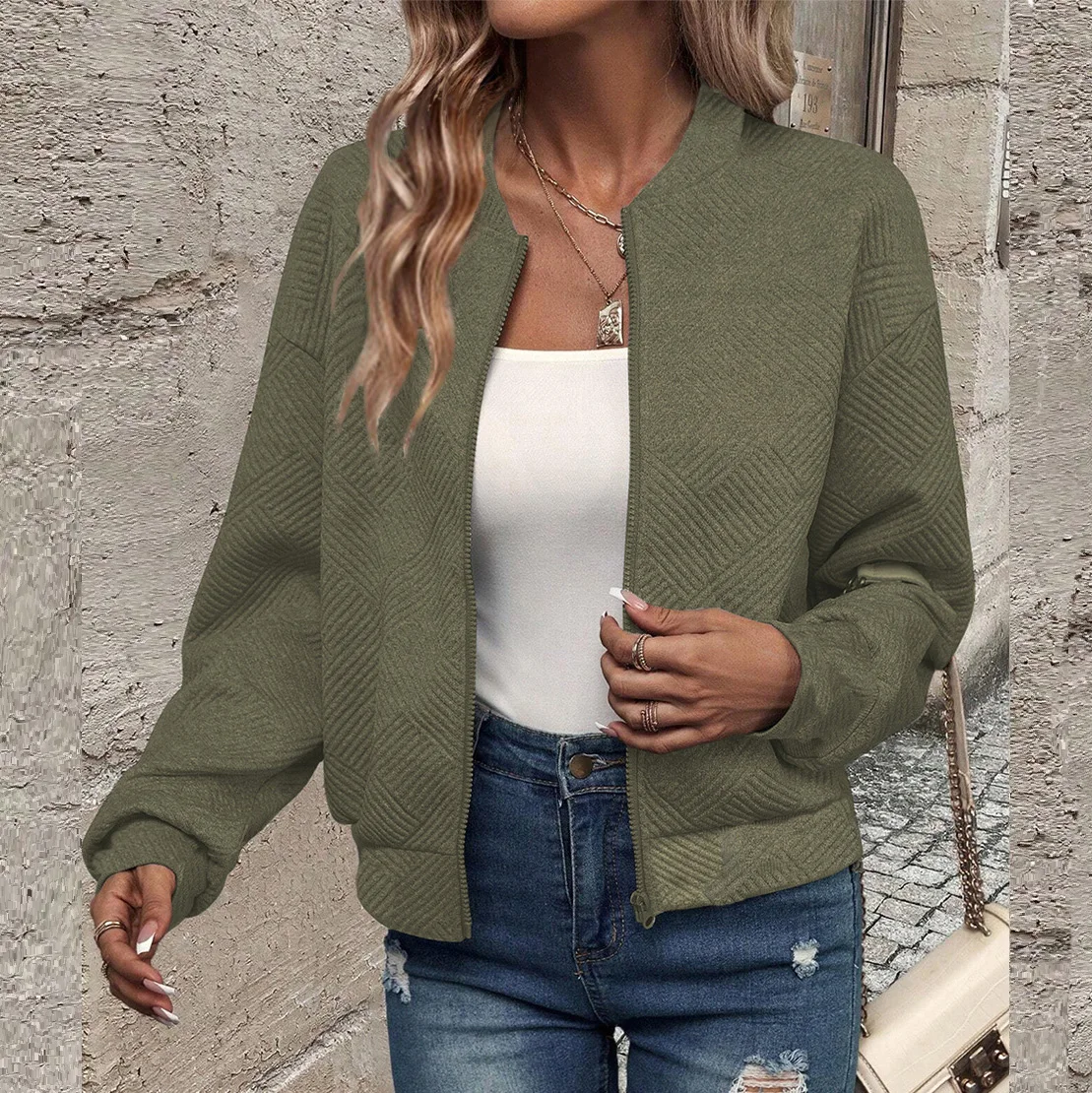 Damen Herbst- und Winterjacke, Neu, Einfarbig, Schlicht und Exquisit, mit Reißverschluss, Baseballkragen, Lässige Jacke – Detail 13