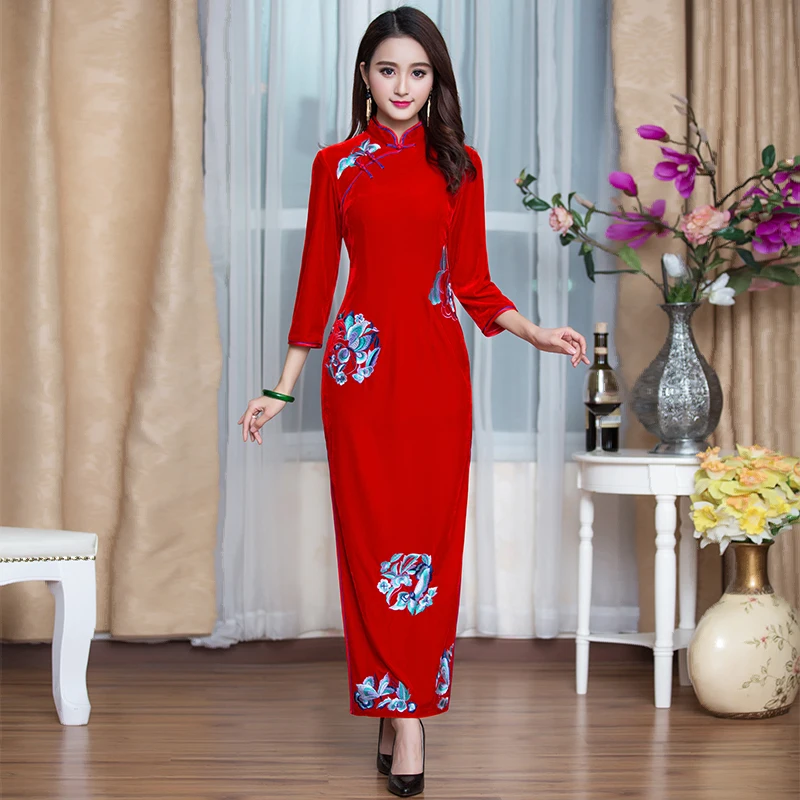 

Classic Velvet Long Dr for Mom Wedding Ceremony Spring Autumn New Sle Floral Pattern Retro Sle High Slit
