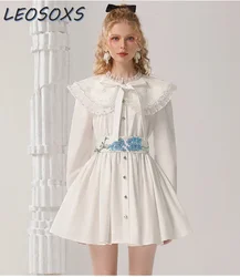 LEOSOXS Autumn Sweet Doll Collar Dresses 2024 Embroidery Beads Contrasting Color Waist Seal White Princess Dress White Dress