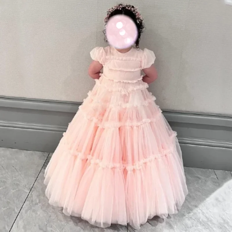 

Pink Flower Girl Dresses Tulle Puffy Tiered Short Sleeve For Wedding Birthday Party Holy Communion Banquet Princess Gowns