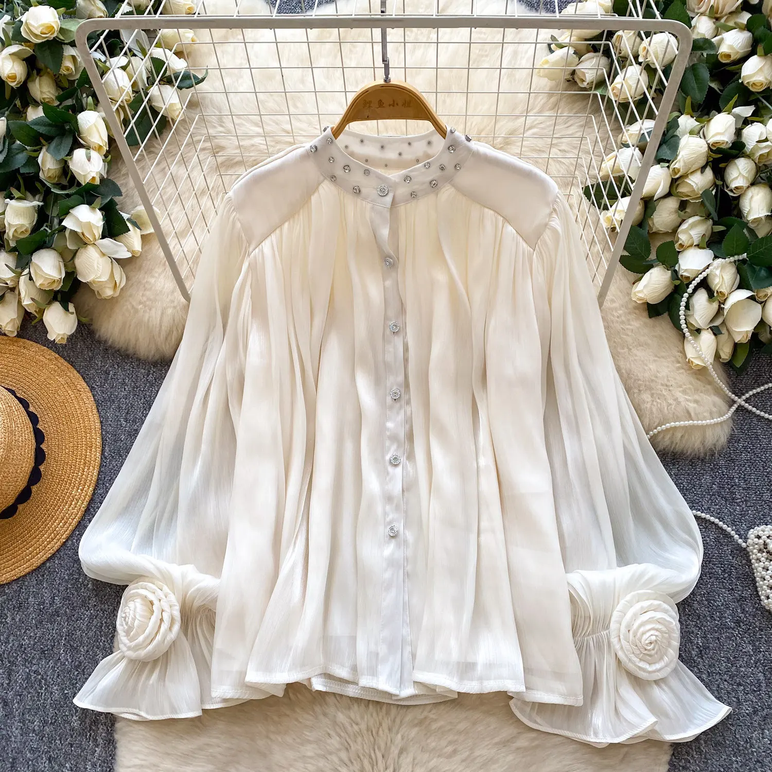 

Blouses Women Shirt Round Neck Flare Sleeve Tops Solid Casual Floral Top Y2k Streetwear Elegant Splice Shirts 2026 Spring