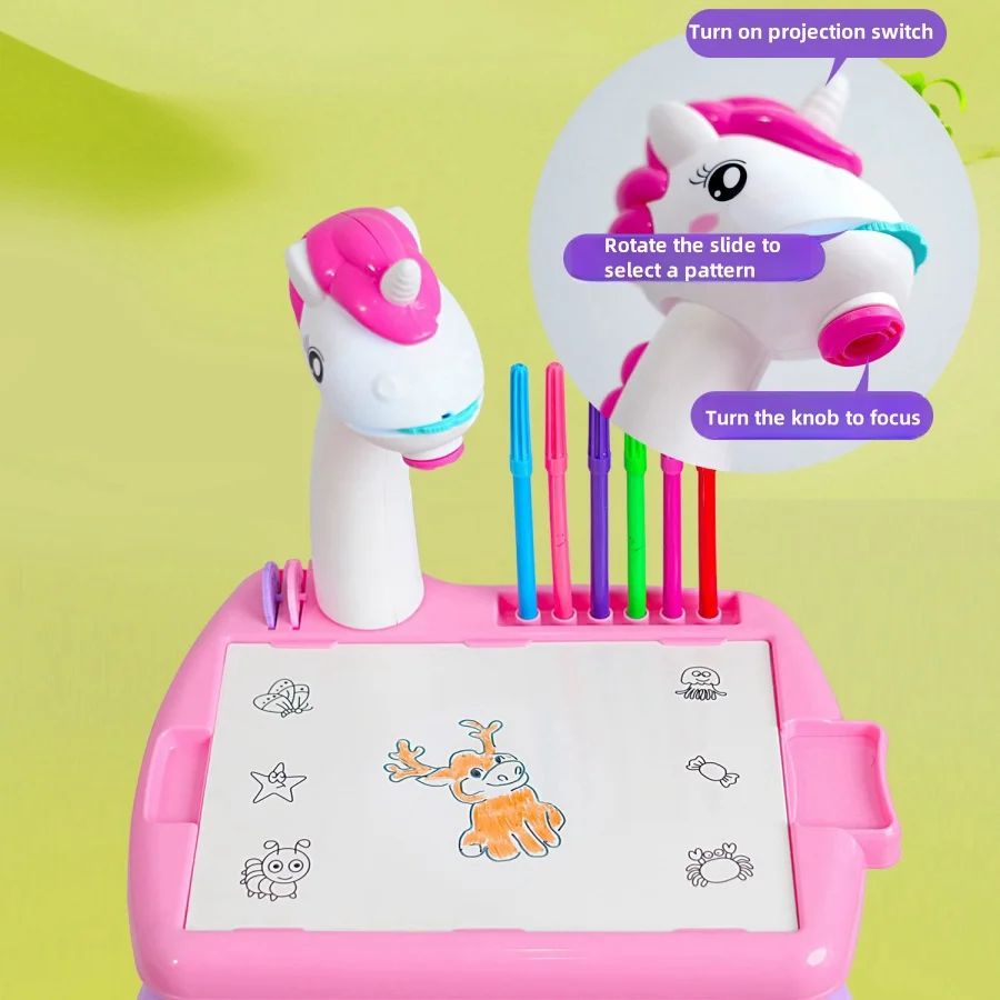 1Pc Kidsren's Projectie Eenhoorn Tekentafel Verlichting Vroeg Onderwijs Tekentafel Tafel Schilderen Graffiti Schilderen Peuter Speelgoed