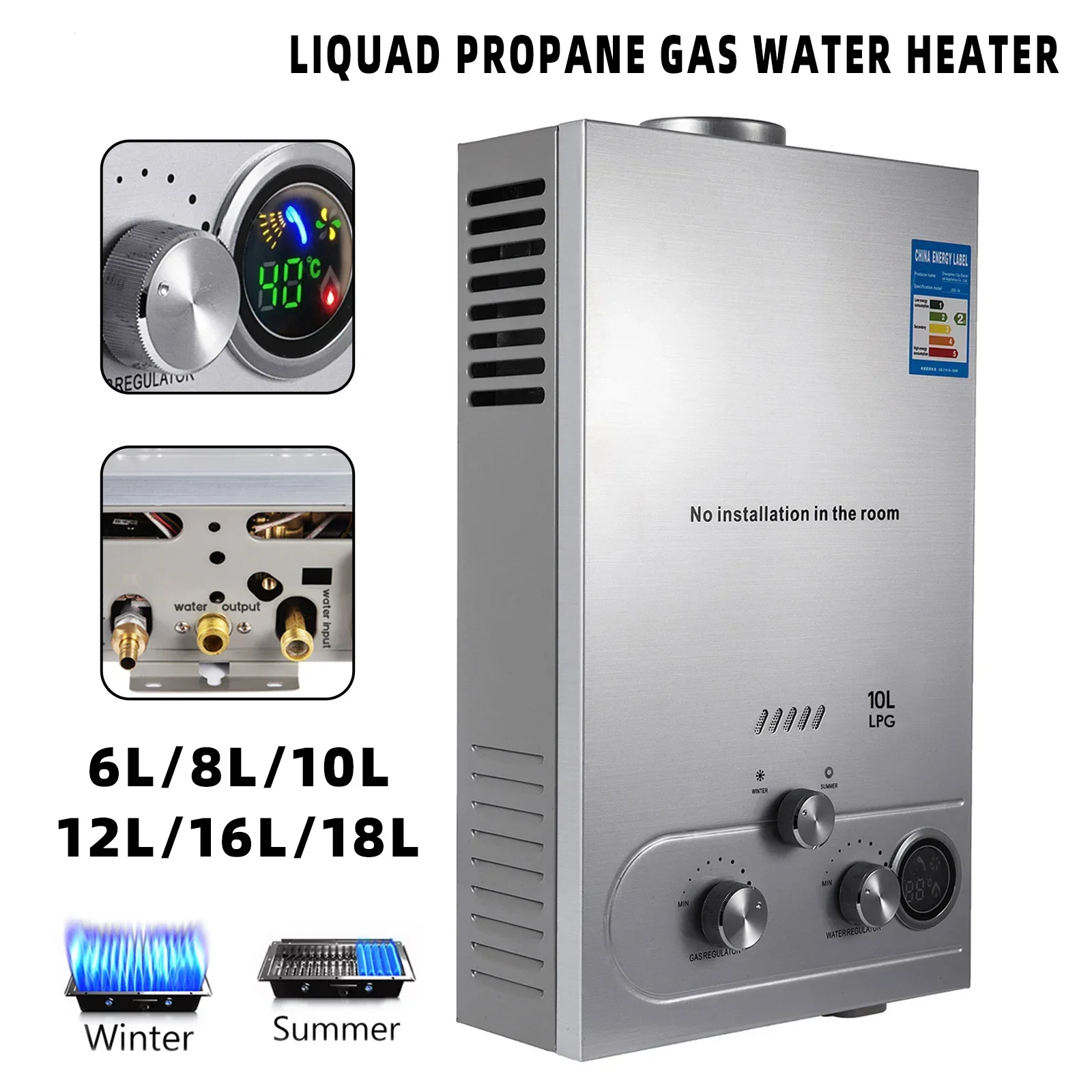 LPG Gas Water Heater 6L-18L Stainless Steel Tankless Propane Gas LPG Boiler With Shower Kit Home Camping Appliance