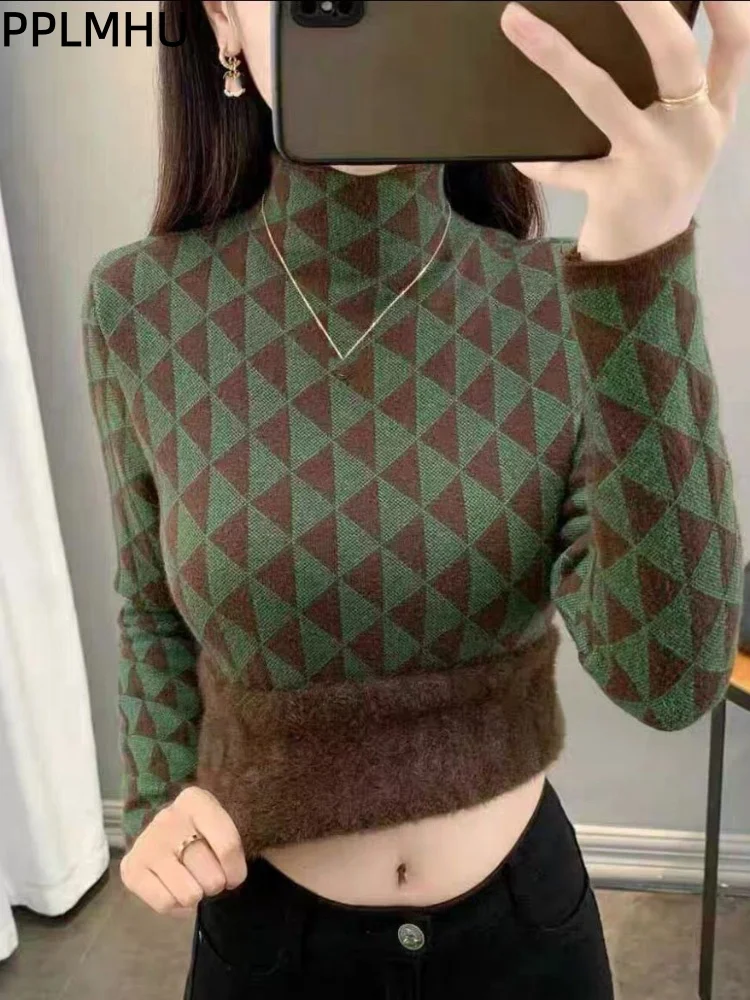 

Флисовый утолщенный свитер с полувысоким воротником, женские повседневные тонкие топы, пуловеры, теплые модные контрастные цвета, нижняя часть Sueter