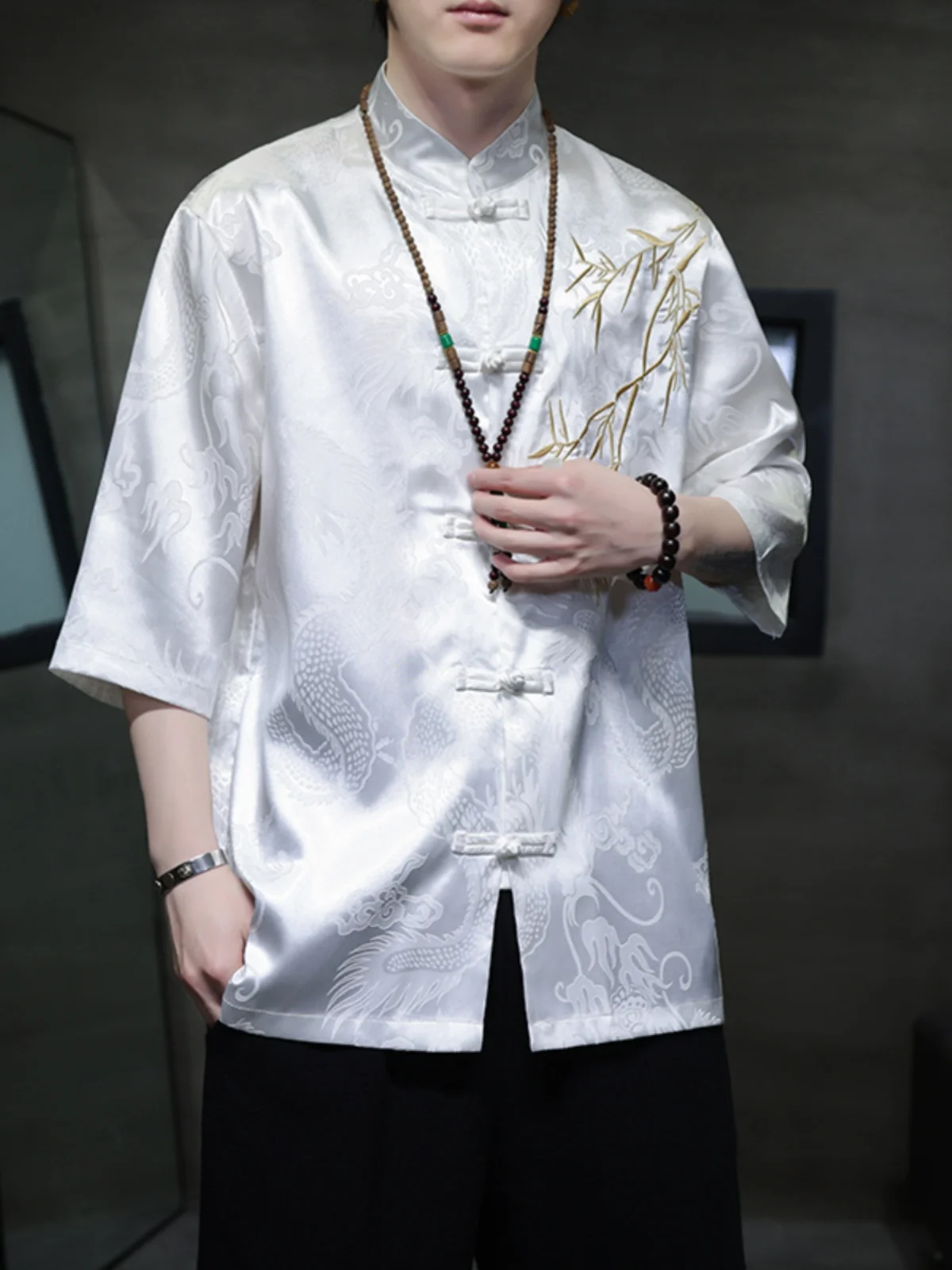 

Ice Silk ort Sve irt Men's Vintage Buttoned Tang Suit Summer Thin Five-Sve New Chinese Sle Youthful Loose Fit