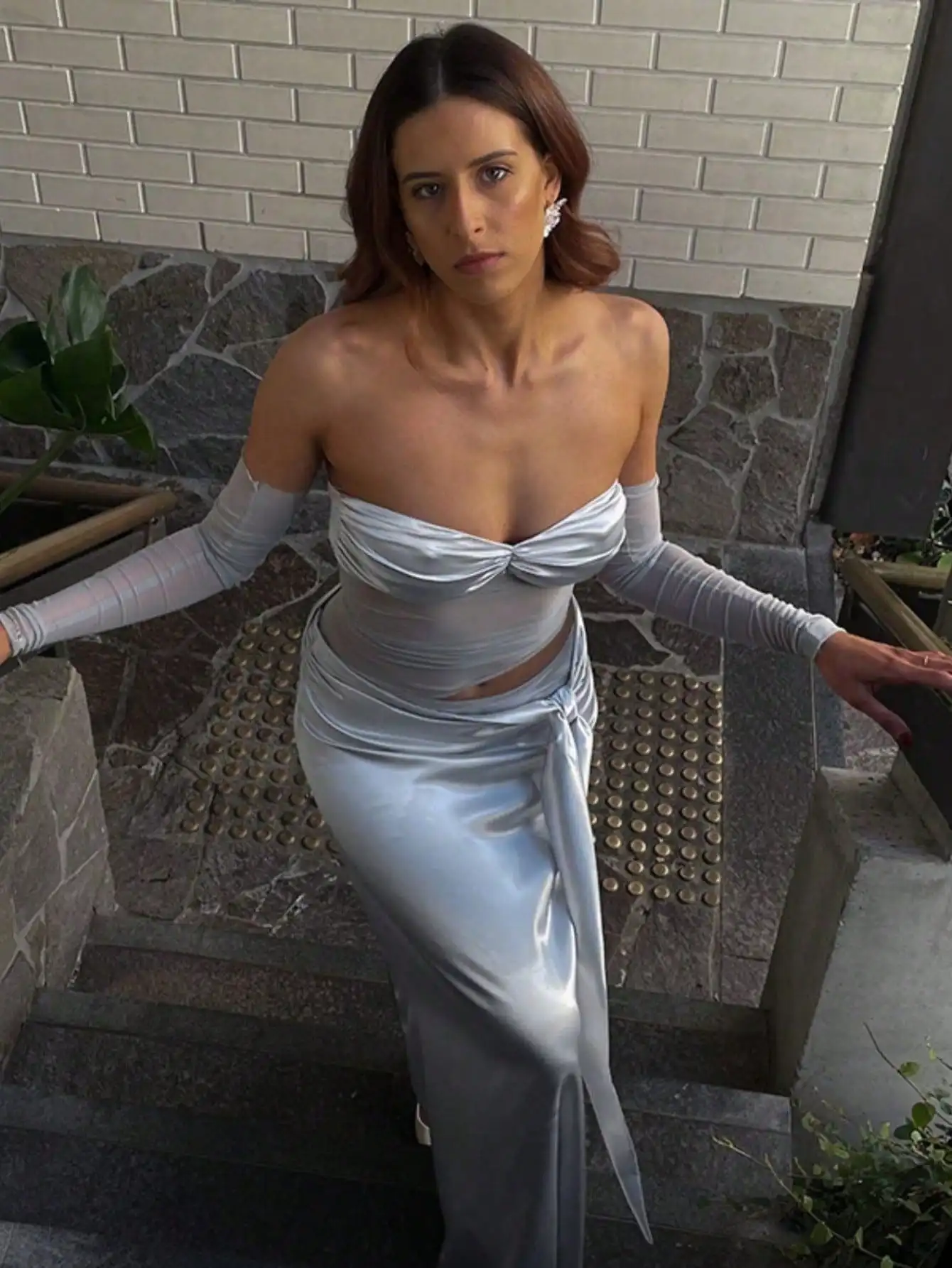 Evening Gown:New Strapless Sheer Mesh & Satin Gown - Sexy Cut-Out Waist, Slim Fit Formal Dress