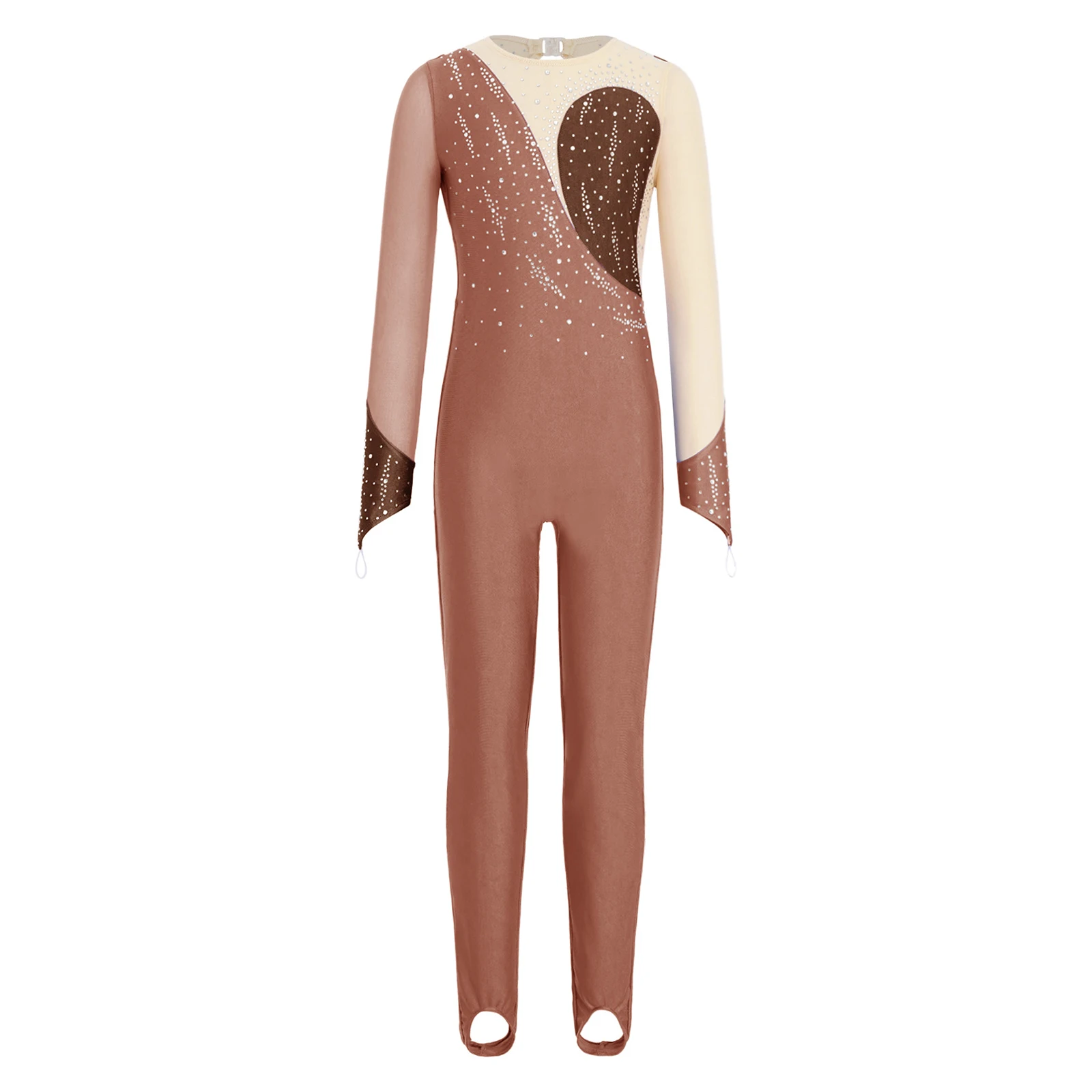 Kids Girls Shiny Rhinestones Gymnastic Leotard Long Sleeves Mesh Stirrup Jumpsuit Figure Skating Acrobatics Ballet Dance Unitard